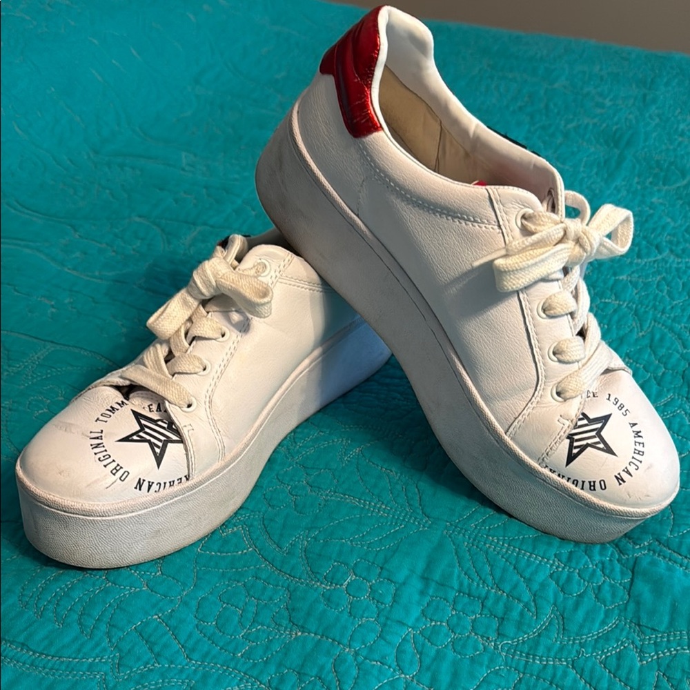 Tommy Hilfiger White and Red Platform Sneakers Minimalist Design